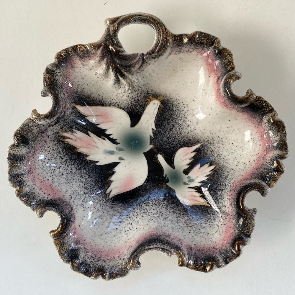 Vintage Mid Century Candy Dish Rooster Chicken Pink Black Gold Ceramic